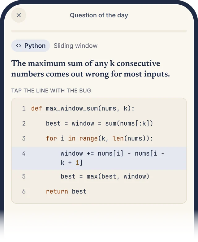 A Python question in the app: tap the line with the bug in a sliding-window function